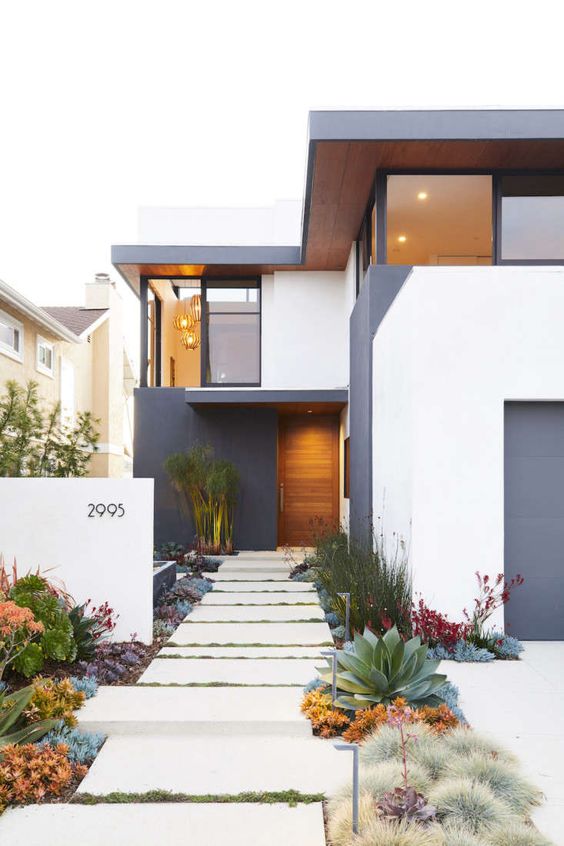 a beautiful and cool modern front yard with greenery, agaves, succulents and some blooms, a stone path and some lights