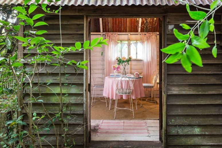 garden shed design There's also a little sweet garden shed with a cozy eating zone with forged furniture, which can be moved outside