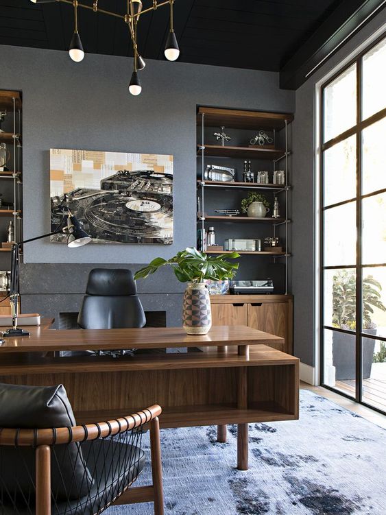Home office with shop built in shelves
