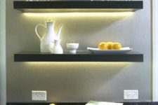 14 a simple home bar with open shelves highlighted with strip lighting that accent this space a lot
