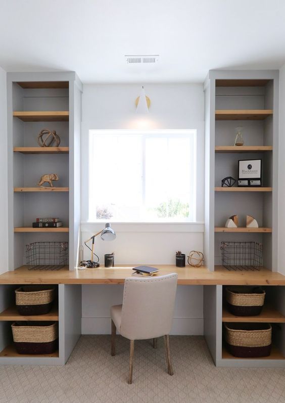 Home desk with shop shelves