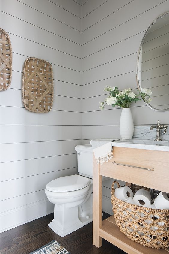 Stylish Bathroom Furniture with White Shiplap Walls