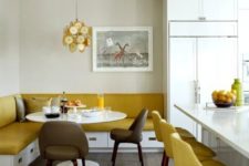 15 infuse your kitchen and dining space with color – go for mustard stools and an upholstered bench plus a chandelier