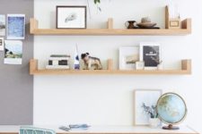 17 sculptural shelves over the desk is a comfy idea that always works, they can hold a lot