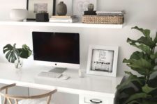 18 some simple open shelving over the desk is a cool idea to store your things and display some decor, too