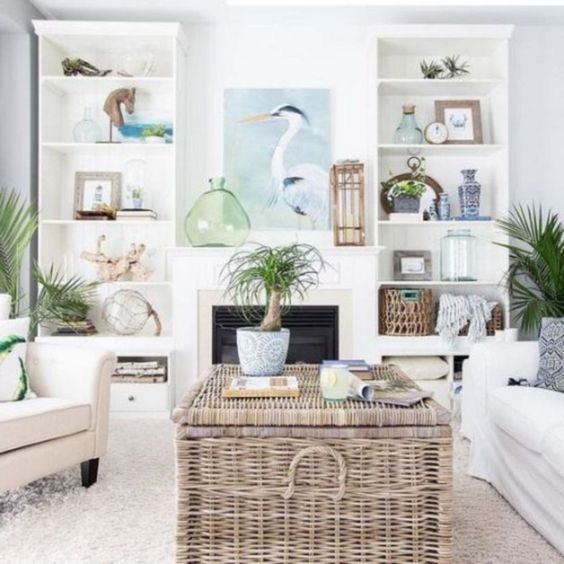put a woven chest as a coffee table addign storage space and a relaxed feel to the space