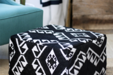 04 an IKEA footstool turned into a comfy boho folksy pouf in black and white with catchy patterns