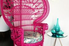 16 a hot pink peacock chair with a floral print cushion will not only add color but also a boho feel to the space