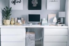 16 a minimalist desk in white with IKEA Malm dressers and a matching tabletop is complemented with an acrylic chair