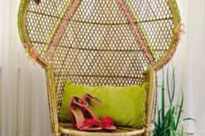 18 a peacock chair with neon touches, geometric patterns done with yarn and colorful tassels