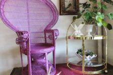 19 a purple peacock chair and a matching rug is a bright and non-traditional idea
