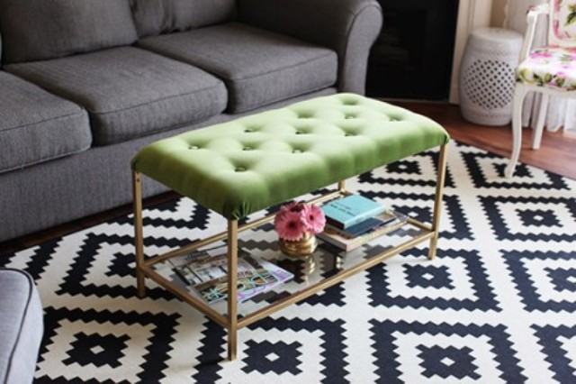 an IKEA Vittsjo table turned into a stylish tufted ottoman with green velvet and tufting plus gold touches