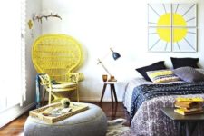 boho bedroom in grey and yellow tones