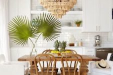 a tropical kitchen with subway tiles