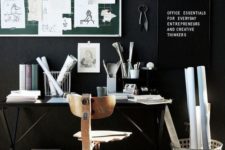 a moody black home office with white floors, a green noteboard with nots, black and white signs and a desk