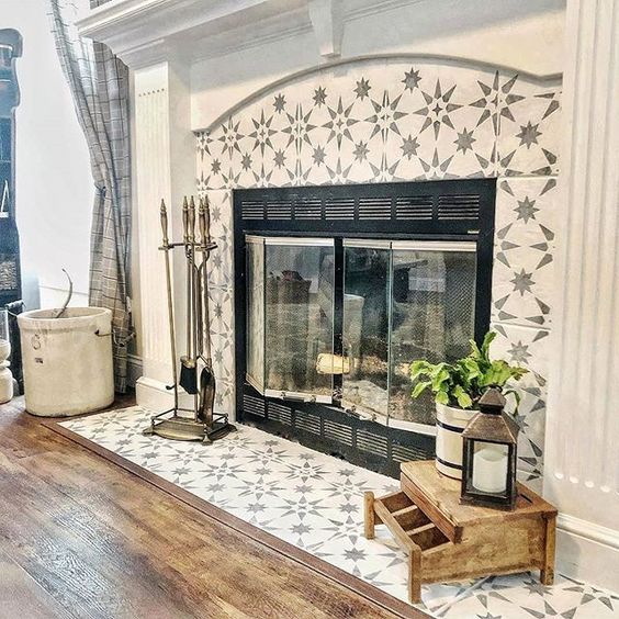 star patterned grey and white tiles look chic, refined and perfectly fit a modern farmhouse living room