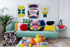 09 a bright living room with colorful pillows, artworks, a rug and books – all the colors are brought with accessories