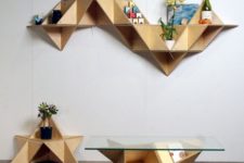 15 geometric plywood furniture – a shelf, a floor storage unit, a coffee table with a glass table top