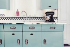 18 a gorgeous blue kitchen with a black and white tile floor looks really retro thanks to colors and tiles