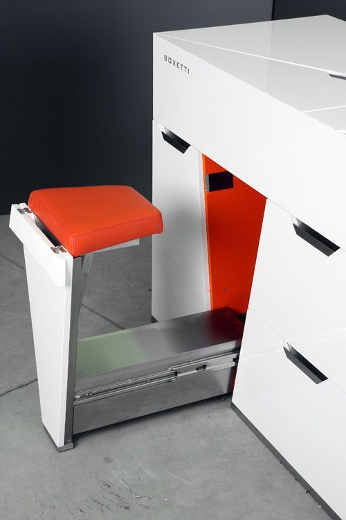 an ultra-modern kitchen island with a built-in seat with upholstery is a fantastic idea for a small kitchen