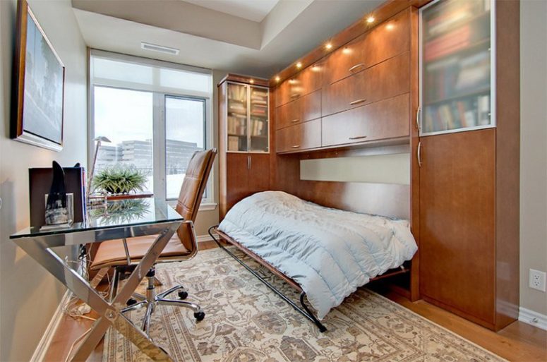 an elegant home office with a built-in Murphy bed for guests or just to nap