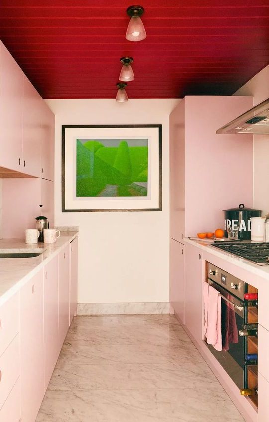 a blush galley kitchen with a red ceiling and white countertops and a bold artwork is a cool and unusual space
