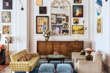 an eclectic living space with a large gallery wall, a vintage mirror, velvet furniture of various colors