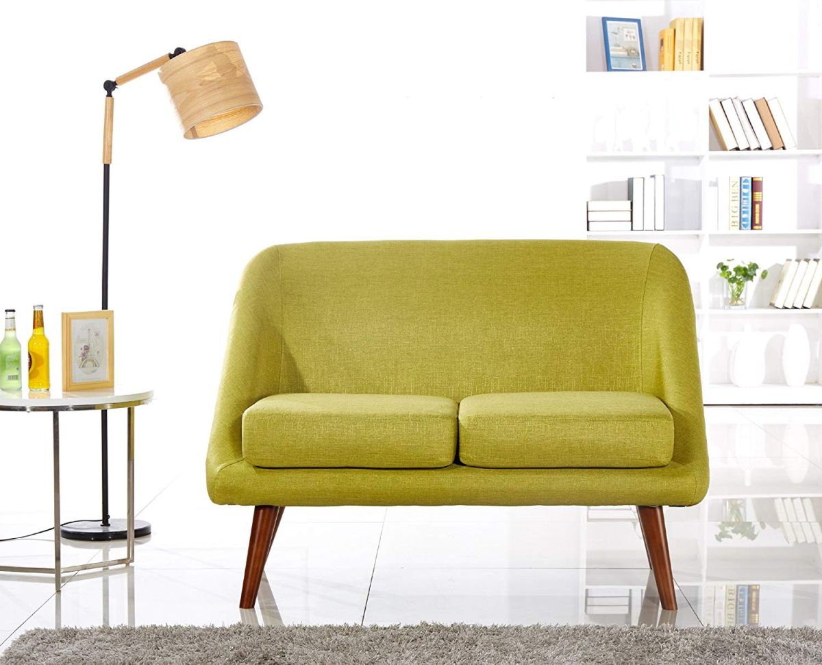 a bright mustard loveseat on wooden legs is a great statement furniture piece for a mid century modern room