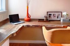 02 a live edge corner wooden desk with white drawers and mustard touches for a stylish mid-century modern home office