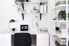 02 a monochromatic white home office done in Scandinavian style, with just touches of black for more eye-catchiness