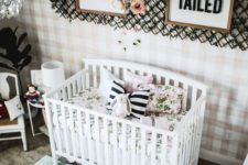 06 a plaid statement wall, stripes and floral prints will add a slight girlish touch to the nursery