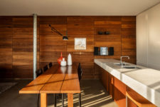 a warm wood mid-century kitchen design
