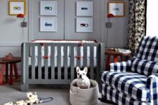 08 a plaid rocker chair and geometric print curtains add interest and coziness to the light grey nursery