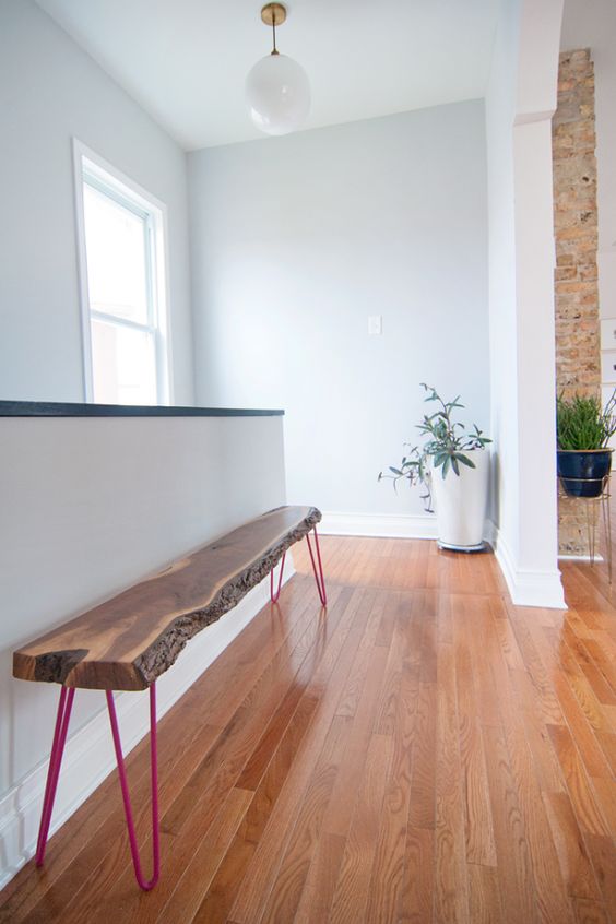 a sleek live edge bench with hot pink hairpin legs will make a stylish statement in your eclectic and quirky home