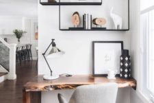13 a small wall-mounted live edge wooden desk placed in an awkward corner is a genius idea with an edgy touch