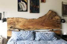 17 a bed with a statement live edge headboard, which brings a natural feel and makes the bedroom a bit boho