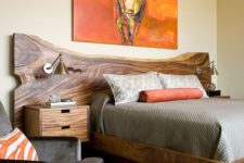 20 a rich stained live edge wooden bed with matchingnightstands for a rustic bedroom