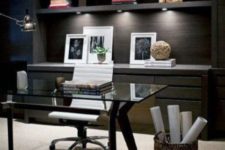 24 a black home office refreshed with a light-colored floor and built-in lights plus a white chair