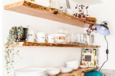 26 live edge floating shelves look very chic and will perfectly refresh and enliven your kitchen