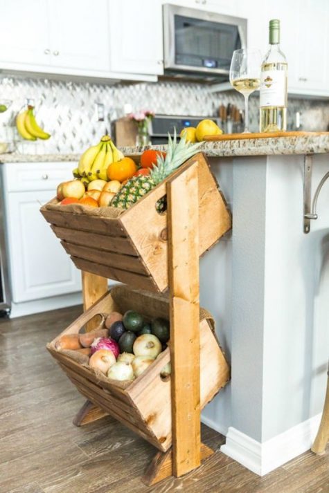 a comfy shelving unit with crates is dieal for kitchens – store your veggies and fruits here, at hand