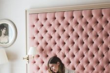 02 an oversized pink tufted headboard in a frame is a veyr girlish, cute and elegant idea to try