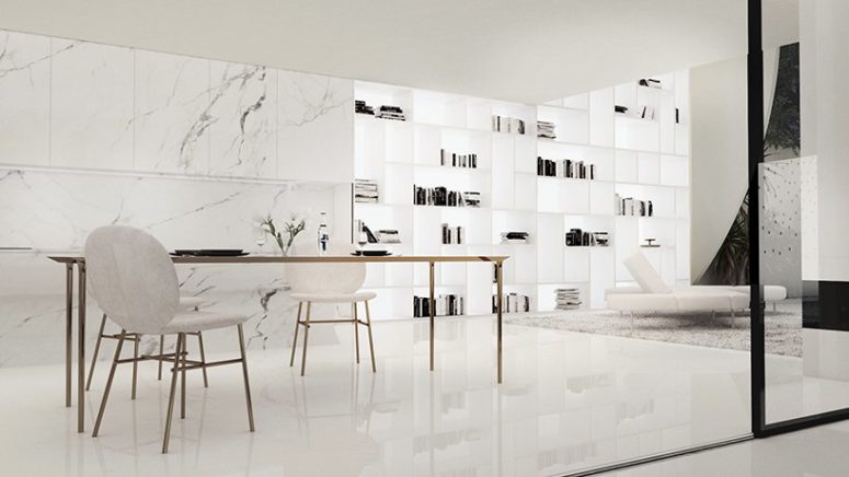 a clever open layout design with lots storage This open layout is the main space of one of levels, it features a living room and a dining space, white marble and lit up bookshelves