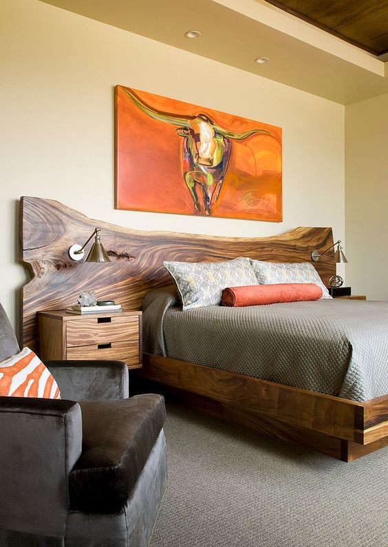a gorgeous statement headboard with a live edge and matching nightstands is a bold idea for the bedroom