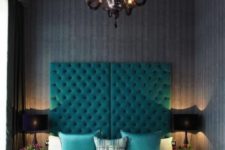 04 a bold and tall turquoise tufted headboard of two parts will make a bold and colorful statement in your space