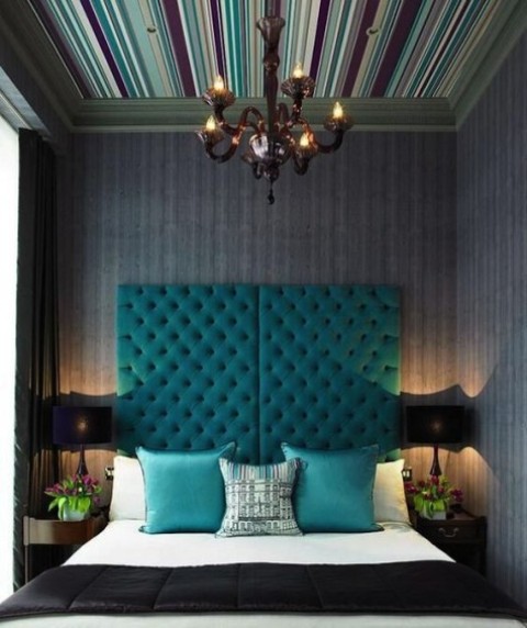a bold and tall turquoise tufted headboard of two parts will make a bold and colorful statement in your space