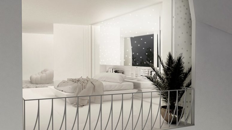 The bedroom is very dreamy and I like how lights are placed here, there's a minimalist platform bed and a potted plant The bedroom is very dreamy and I like how lights are placed here, there's a minimalist platform bed and a potted plant