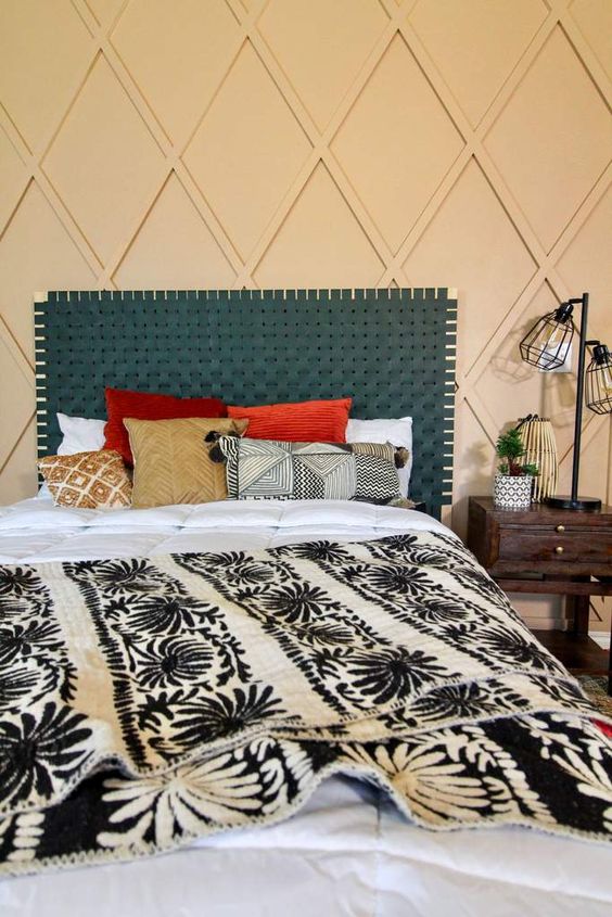a woven teal leather headboard is a chic idea for a boho bedroom and it brings much color to it