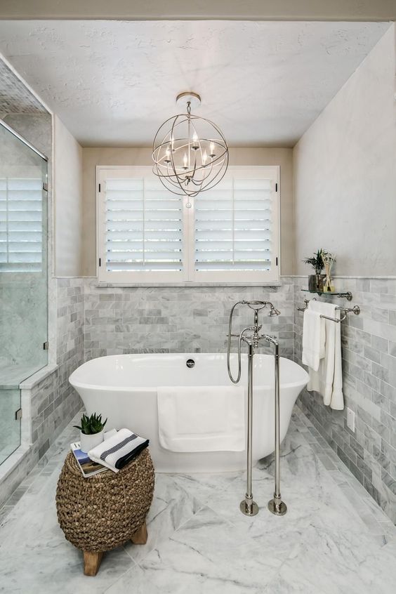 white bathroom design with cool light spheres