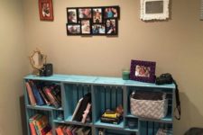 10 a turquoise bookshelf fully made of crates placed on vintage legs is a stylish rustic furniture piece