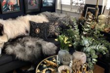 12 a shiny boho living room with faux fur throws and embellished and embroidered pillows